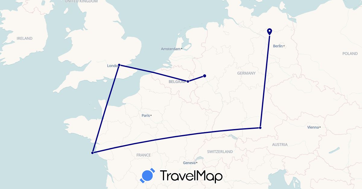 TravelMap itinerary: driving in Belgium, Germany, France, United Kingdom (Europe)